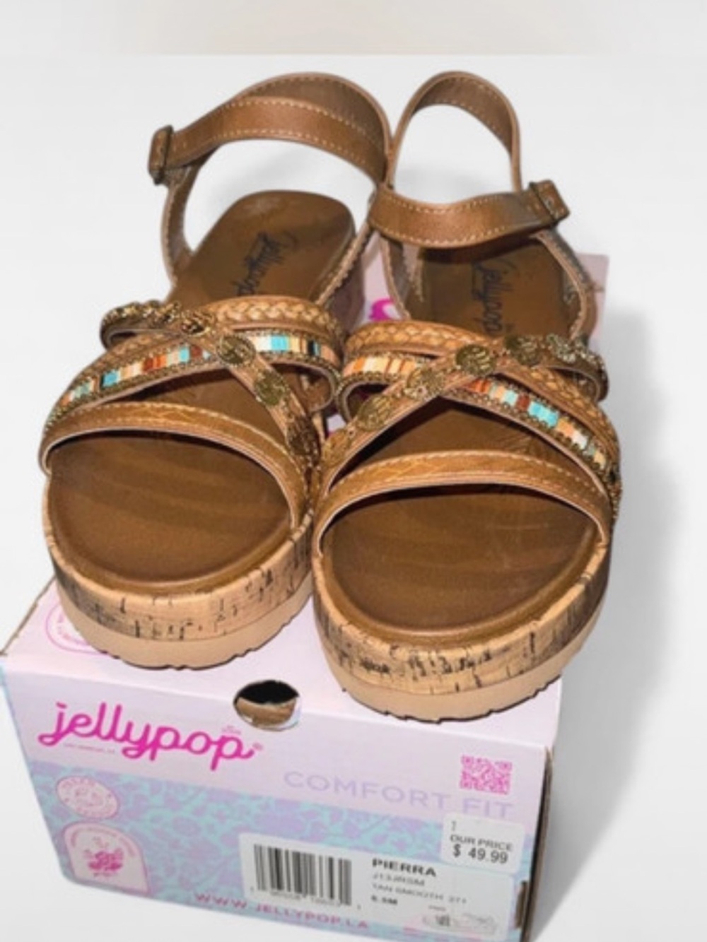 Woman’s 6.5 Tan Strappy Platform Sandals with Beaded Accent - Picture 3 of 3